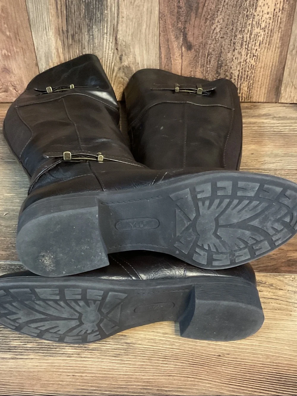 Yuu Tall Brown Leather Riding Strappy Boots 9M      F342